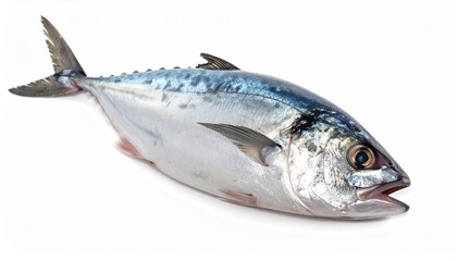 Streamlined silver-blue fish with forked tail and prominent eyes, isolated on white&mdash;evoking marine biology, culinary identity, and aquatic precision.