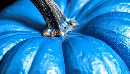 Close-up of a vibrant blue, painted pumpkin with a brown, textured stem
