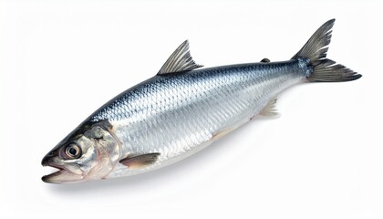 Fototapeta premium Streamlined silver-blue fish with forked tail and prominent eyes, isolated on white—evoking marine biology, culinary identity, and aquatic precision.