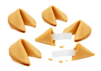 Crispy, golden-brown fortune cookies, some whole, others broken revealing blank white slips, isolated against a transparent studio background with soft lighting, concept of luck and future