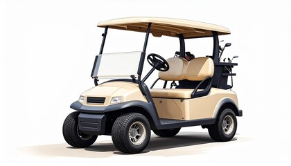 Beige golf cart with roof, windshield, and rear golf club compartment&mdash;designed for two passengers and parked on rugged tires, highlighting comfort and utility in a golf course setting.