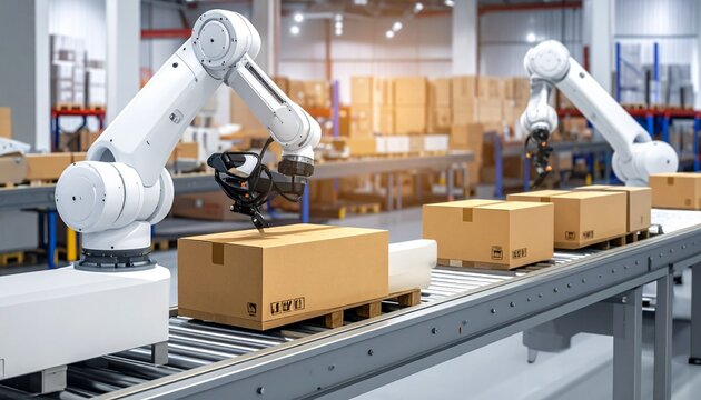 Automated warehouse with robotic arms handling uniform cardboard boxes on a conveyor belt—highlighting industrial efficiency, smart logistics, and advanced manufacturing systems.