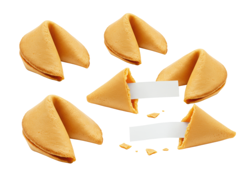 Crispy, golden-brown fortune cookies, some whole, others broken revealing blank white slips, isolated against a transparent studio background with soft lighting, concept of luck and future - Powered by Adobe
