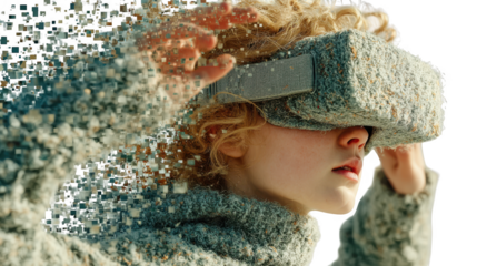 Young woman wearing a virtual reality headset, with pixels disintegrating from her head, isolated on transparent background