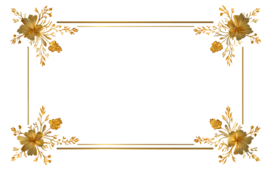 Gold flower corner border frame, elegant rectangle with floral ornament. Isolated on transparent background.

