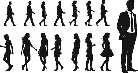 Silhouette people walking standing poses, male female figures collection, black outline characters, vector design, posture movement reference, business man suit illustration