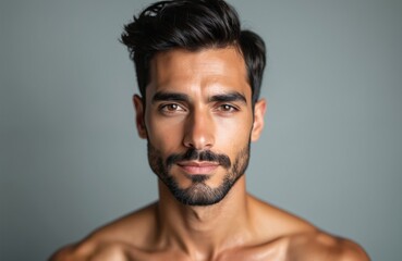 Young hispanic man with groomed beard and hair has clean clear skin and confident look. He is looking directly at camera with serious expression and dark eyes.