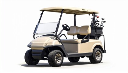 Beige golf cart with roof, windshield, and rear golf club compartment—designed for two passengers and parked on rugged tires, highlighting comfort and utility in a golf course setting.