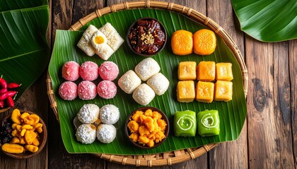 A top view of traditional Indonesian jajanan pasar, assorted colorful snacks and cakes such as klepon, lapis, risoles, and kue putu, served on banana leaf or wooden plate.