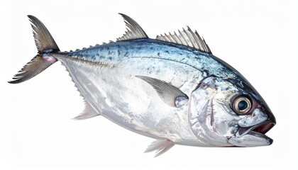 Streamlined silver-blue fish with forked tail and prominent eyes, isolated on white—evoking marine biology, culinary identity, and aquatic precision.