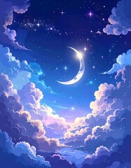 Night sky with a crescent moon and clouds