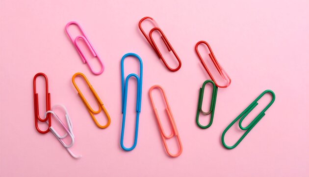 Colorful paperclips on pink background