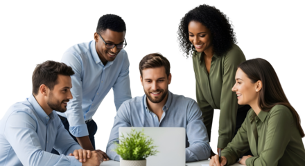  Diverse team of professional colleagues working together on a project, gathered around a laptop in a modern office