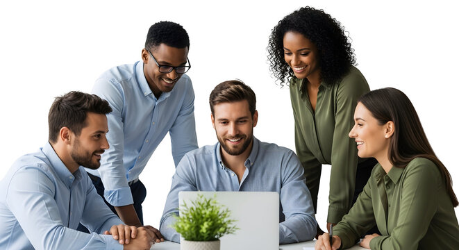  Diverse team of professional colleagues working together on a project, gathered around a laptop in a modern office