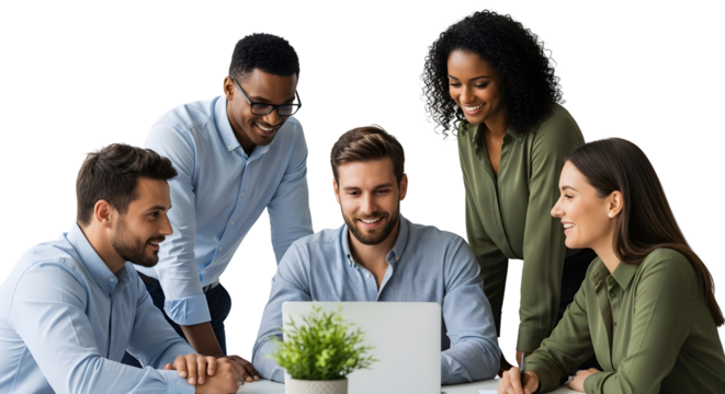  Diverse team of professional colleagues working together on a project, gathered around a laptop in a modern office