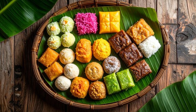A top view of traditional Indonesian jajanan pasar, assorted colorful snacks and cakes such as klepon, lapis, risoles, and kue putu, served on banana leaf or wooden plate.