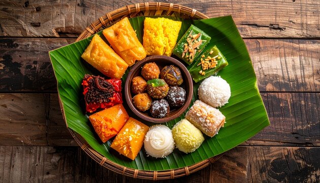 A top view of traditional Indonesian jajanan pasar, assorted colorful snacks and cakes such as klepon, lapis, risoles, and kue putu, served on banana leaf or wooden plate.