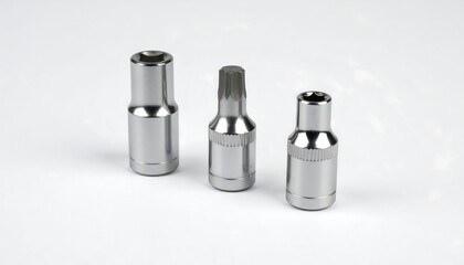 Three steel socket wrenches standing upright on a white surface, close up studio shot