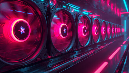 Red and blue background fans in the room, ai