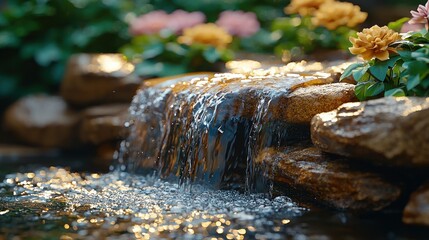 Tranquil waterfall flows over rocks, flowers bloom in background