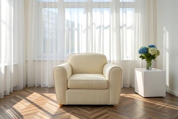 Fototapeta premium Cream armchair in a bright room with flowers on a side table