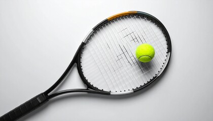 Tennis racket with black frame and orange-white accents paired with a bright yellow ball on reflective surface&mdash;highlighting precision, sport, and dynamic design.
