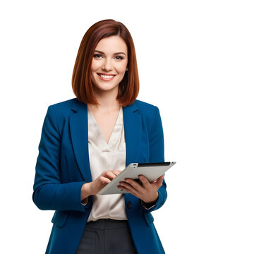 Portrait of a smiling mature businesswoman in a blue jacket holding a digital tablet, isolated on a white background