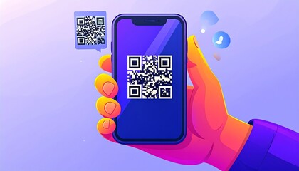 Stylized image of a hand holding a smartphone displaying a QR code