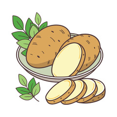 A vibrant illustration of fresh whole potatoes and sliced potatoes arranged on a plate with green leaves perfect for food and healthy eating concepts