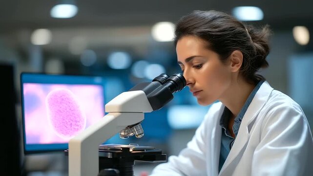 A scientist visualizes gene edits on a fluorescence microscope with slides glowing objectives focusing screens displaying cells and samples in chambers captured in a vibrant