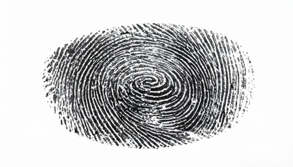 Black ink fingerprint with whorl pattern on white background—highlighting biometric identity, forensic detail, and uniqueness in a minimal composition.