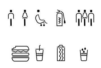 A black vector icon set illustrates the man and woman symbols alongside a variety of coffee, tea, and juice drink illustrations for restaurant and cafe business sign design
