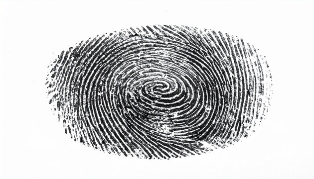 Black ink fingerprint with whorl pattern on white background—highlighting biometric identity, forensic detail, and uniqueness in a minimal composition.