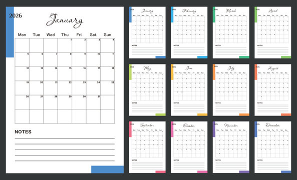 Monthly calendar 2026. Calendar 2026 template planner minimalist. Colorful planner 2026 with calendar. Vector illustration. Blank white notebook page A4. Printable template. Week Starts on Monday