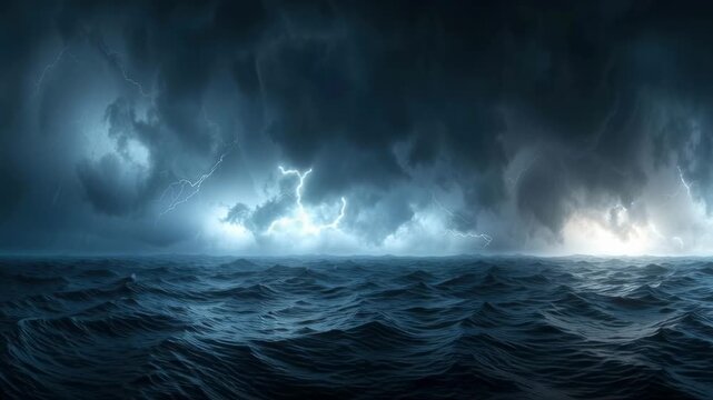 Dramatic ocean scene showcases turbulent waves and dark clouds, illuminated by lightning, evoking awe and intensity in natures stormy power