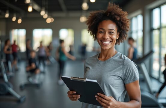 Smiling woman fitness coach holds clipboard in gym. People exercise on machines, treadmills, and weights in background. She looks happy and pro.