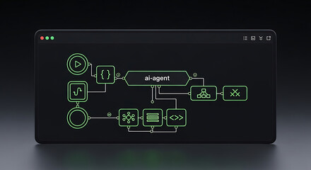 AI agent workflow interface with data processing and automation flowchart on dark screen, artificial intelligence and machine learning technology concept