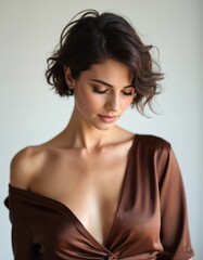 Fototapeta premium Brunette woman with short wavy hair wearing brown silk top, shoulders bare. Elegant makeup and graceful pose, looking down with closed eyes, soft studio light.