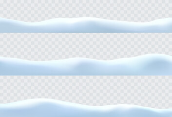 Snow drifts landscape set isolated on transparent background. Christmas borders with frozen hills and snowdrifts. Vector 3d snowbanks cover winter field