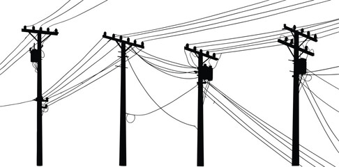 PrintSilhouette of utility poles, power lines, electrical transformers, energy distribution network, urban infrastructure, electricity supply, industrial design, black outline, white background