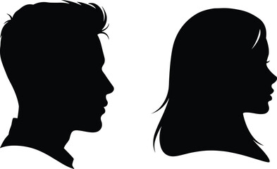 Silhouette profiles of man and woman, face to face communication concept, gender comparison, psychology, conversation, human interaction, black outline art