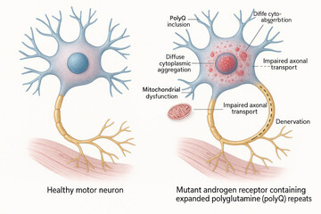 Comparison of Healthy Motor Neuron and Mutant Androgen Receptor Neuron Showing PolyQ Repeats and Denervation