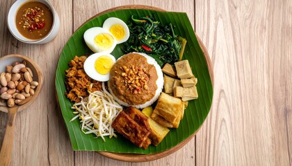 A top view of traditional Indonesian gado-gado salad served on a banana leaf plate. The dish includes boiled eggs, tofu, tempeh, long beans, bean sprouts, cucumber, and peanut sauce. Healthy authentic
