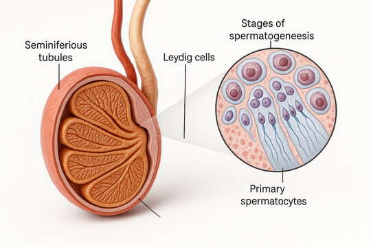 Anatomical illustration of human testis and spermatogenesis