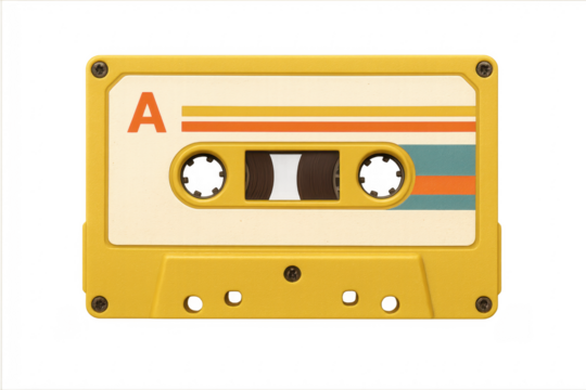 Yellow audio cassette tape with blank label on transparent background