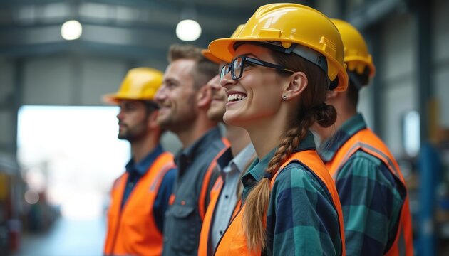 Diverse group of workers in hard hats and vests line up in a factory. They look forward with smiles, representing teamwork and a bright future.
