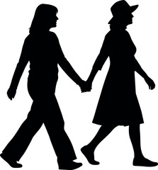 Silhouette of couple walking hand in hand, romantic relationship concept, black vector illustration of man and woman together outdoors