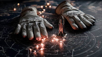 Cinematic space exploration theme featuring a metal rocket model, astronaut gloves, and a constellation map illuminated by fairy lights.