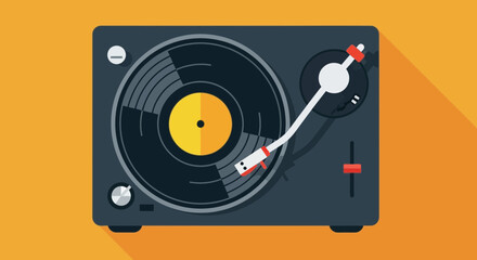 A flat design illustration of a vintage turntable with a vinyl record and needle, set against a vibrant orange background with a long shadow