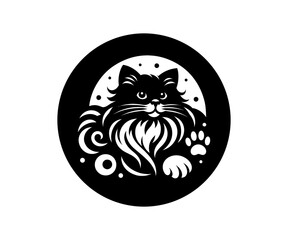 Black and white cat with paw print inside circle